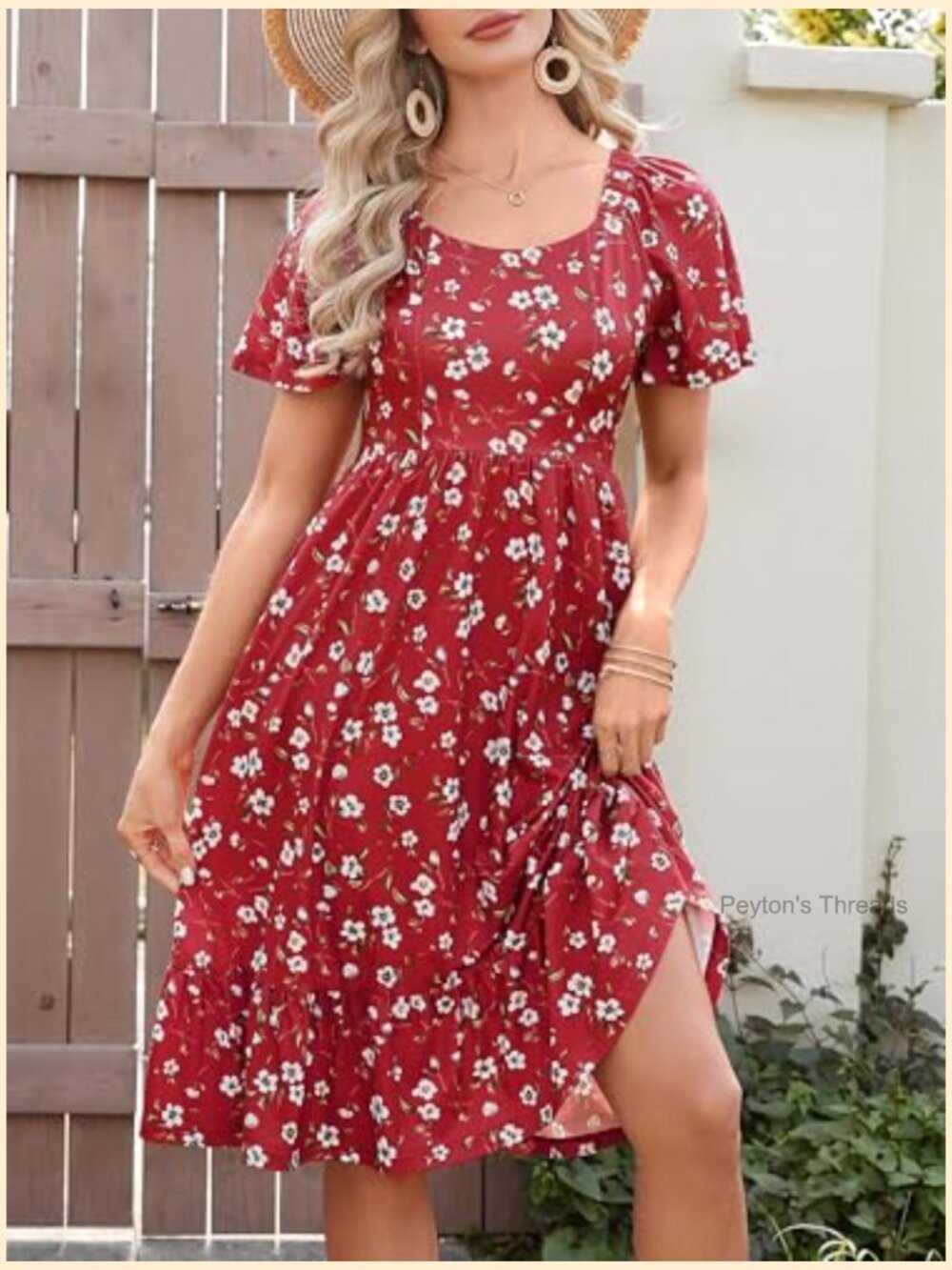 Square Neck Puff Sleeve A Line Midi Dress with Pockets - Picture 6 of 7